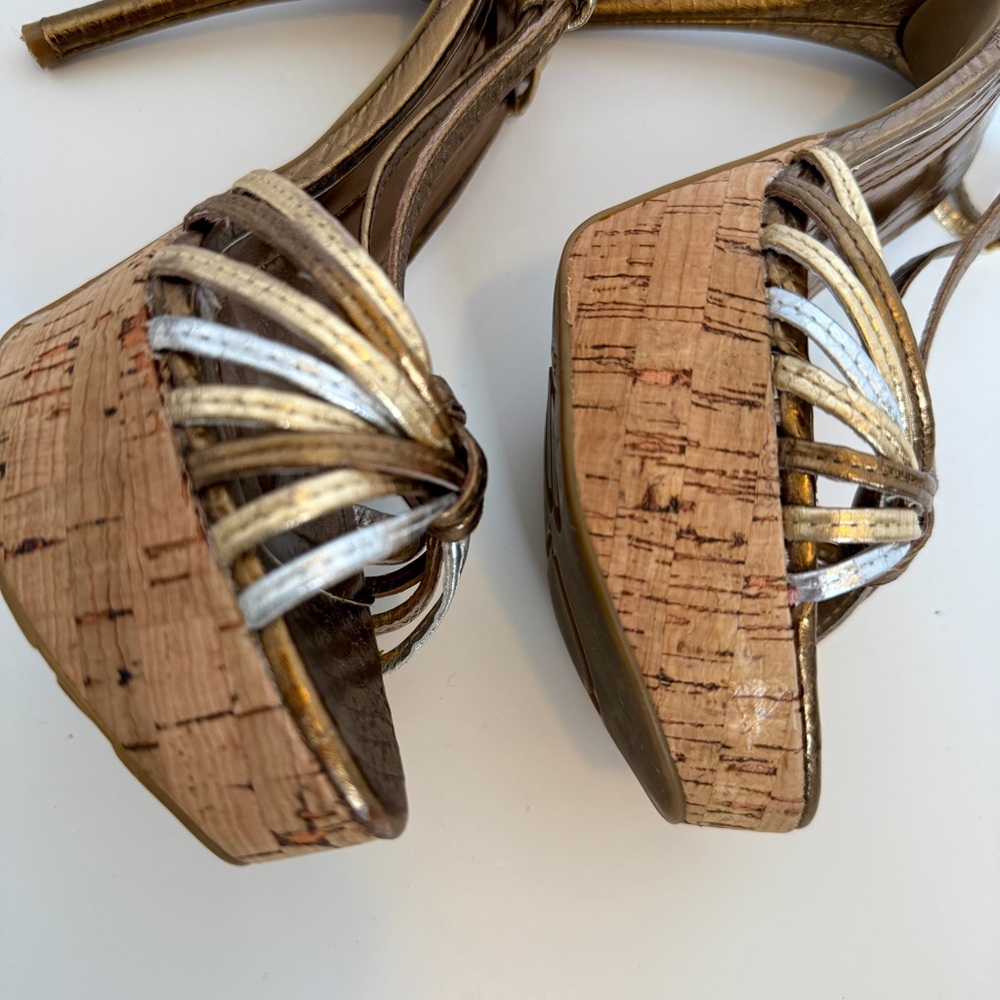 BCBG Gold Strappy Cork Platform Heels, Size 7 - Picture 6 of 11